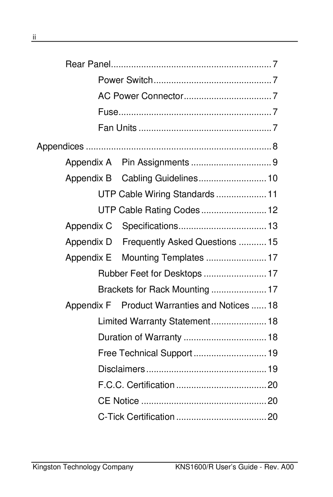 Kingston Technology KNS1600 manual Appendix a 