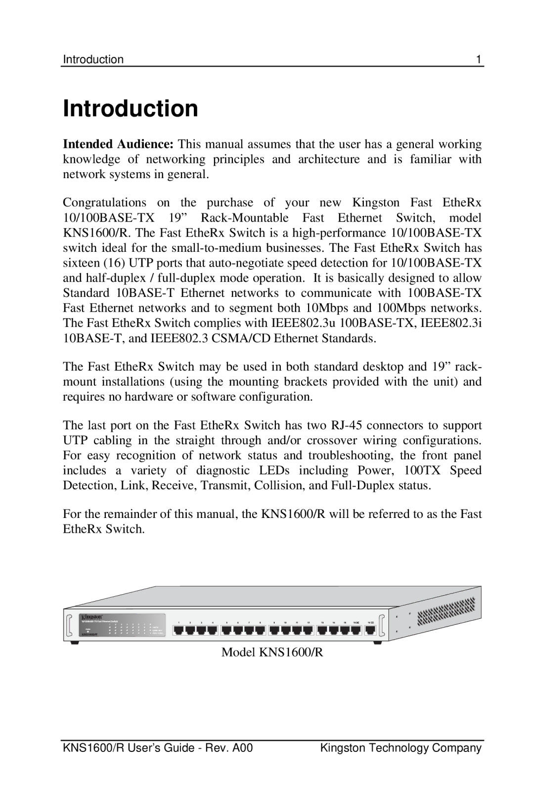 Kingston Technology KNS1600 manual Introduction 