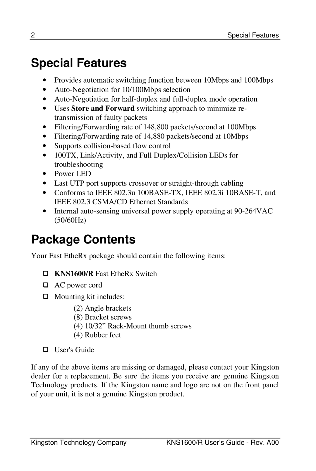 Kingston Technology KNS1600 manual Special Features, Package Contents 