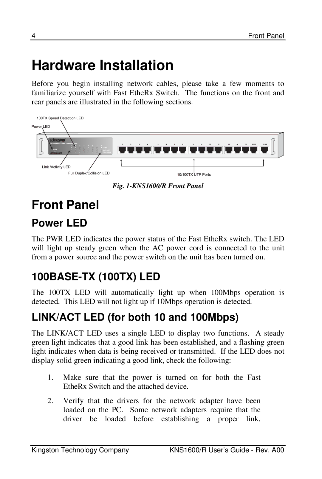 Kingston Technology KNS1600 manual Front Panel, Power LED, 100BASE-TX 100TX LED, LINK/ACT LED for both 10 and 100Mbps 