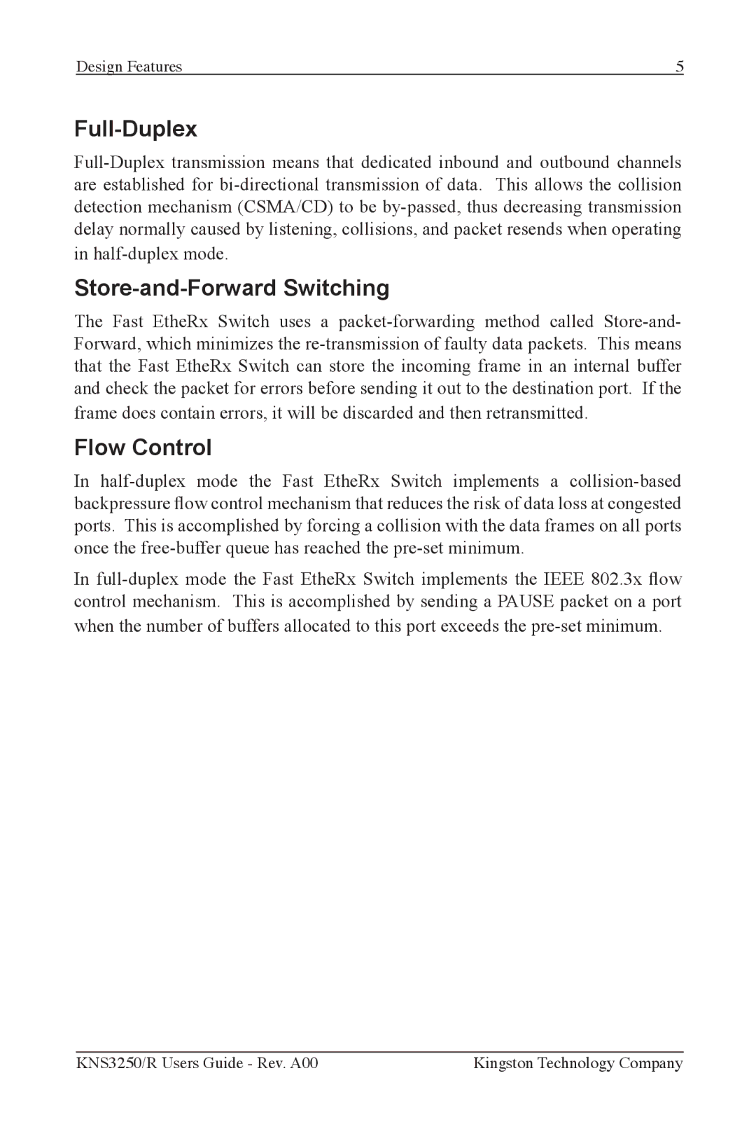 Kingston Technology KNS2450/R, KNS3250/R, KNS1650/R manual Full-Duplex, Store-and-Forward Switching, Flow Control 