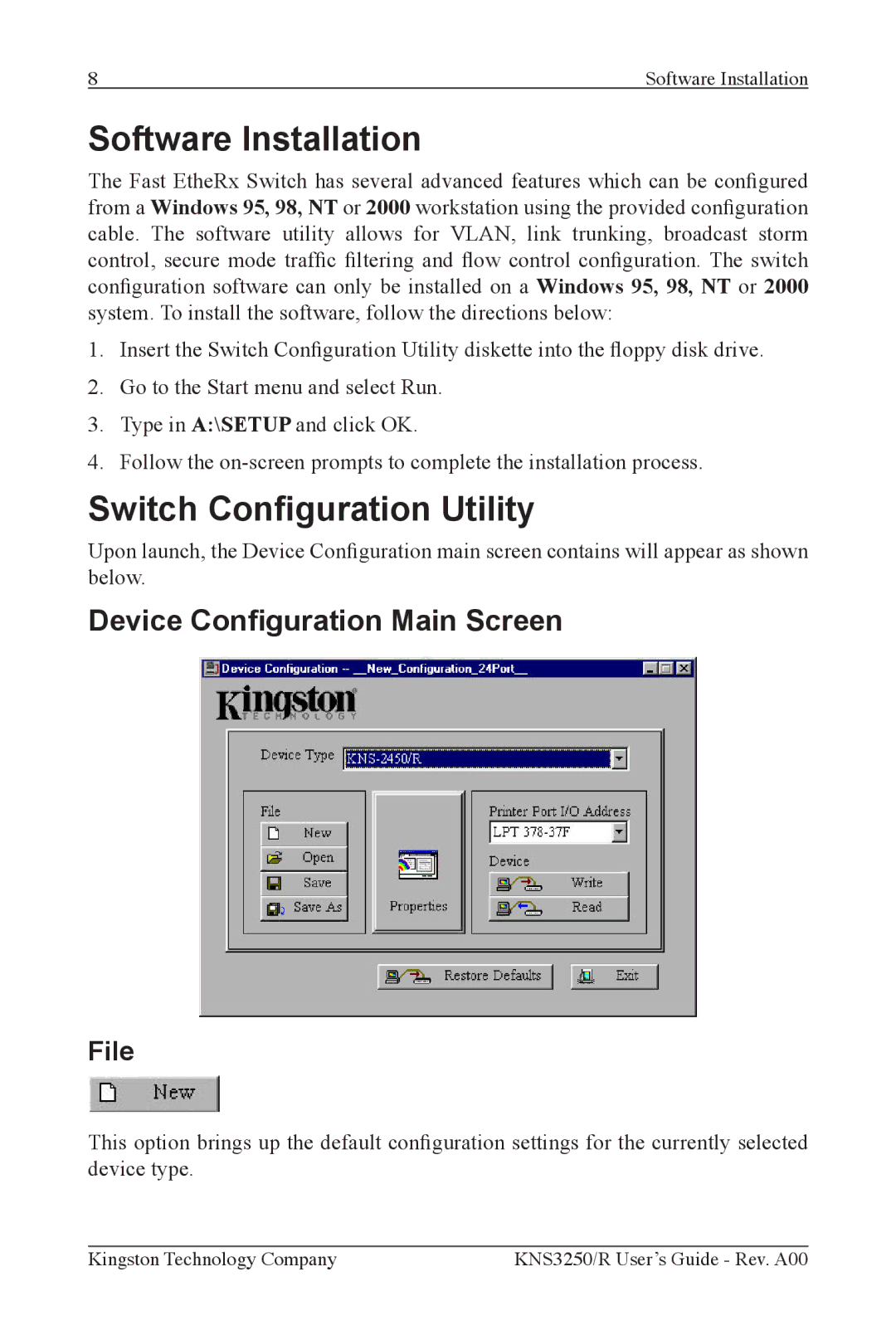 Kingston Technology KNS2450/R Software Installation, Switch Conguration Utility, Device Conguration Main Screen, File 