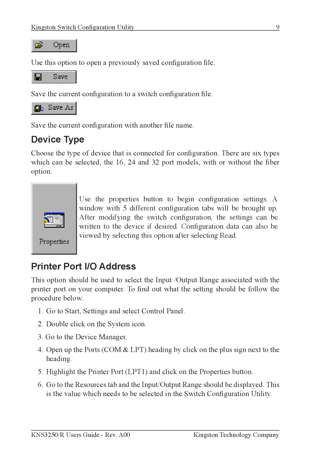 Kingston Technology KNS1650/R, KNS3250/R, KNS2450/R manual Device Type, Printer Port I/O Address 