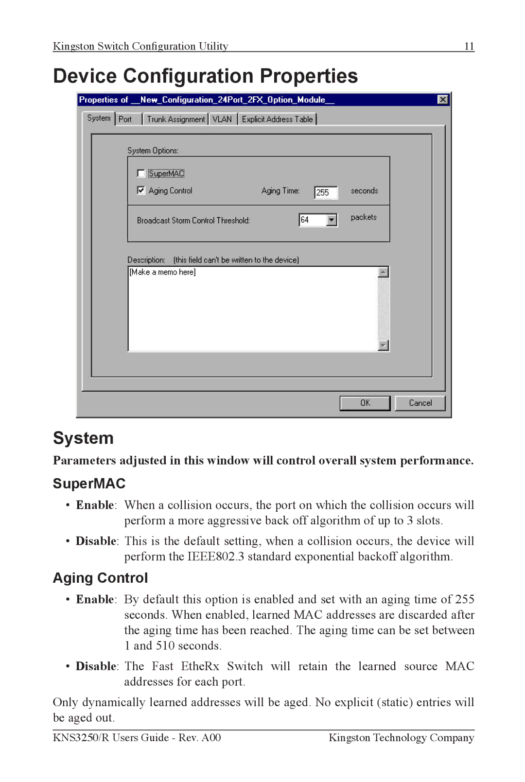 Kingston Technology KNS2450/R, KNS3250/R, KNS1650/R manual Device Conguration Properties, System, SuperMAC, Aging Control 