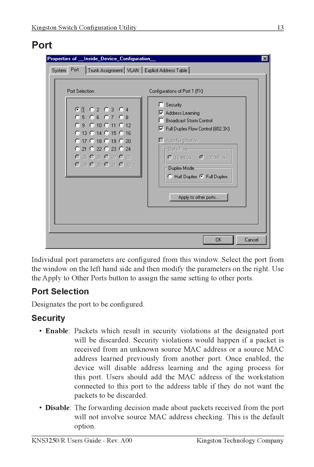 Kingston Technology KNS3250/R, KNS2450/R, KNS1650/R manual Port Selection, Security 