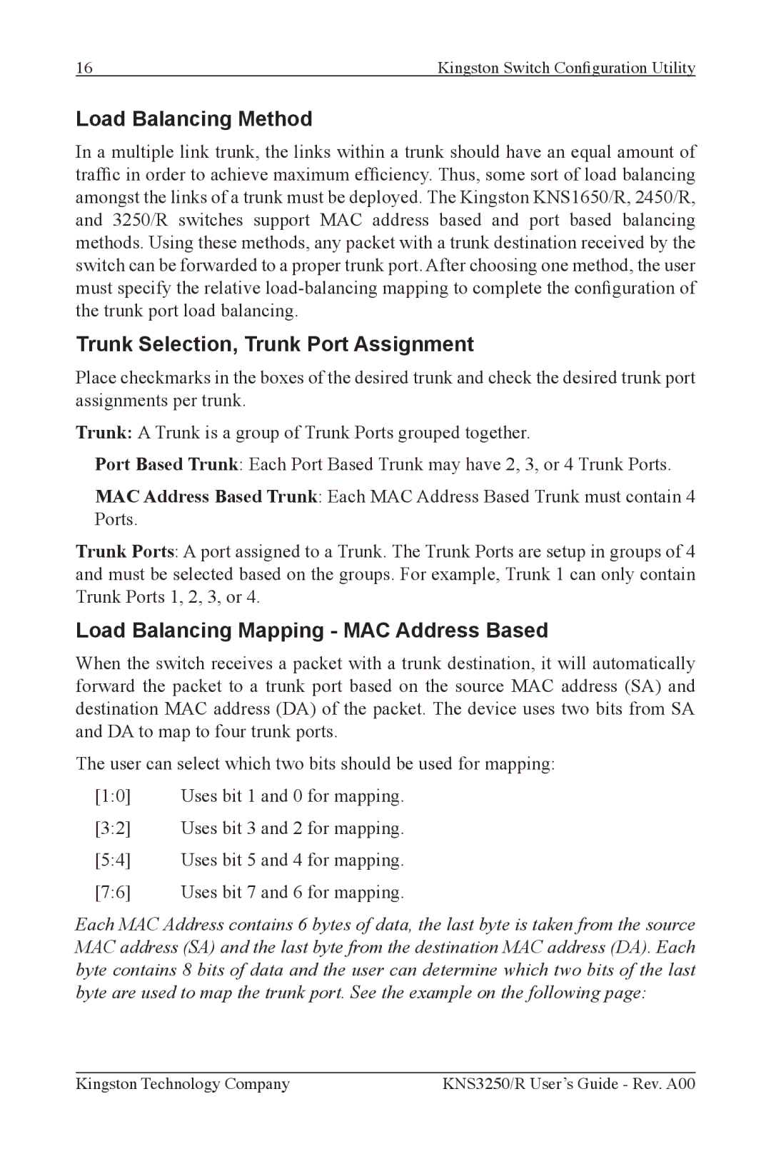 Kingston Technology KNS3250/R, KNS2450/R, KNS1650/R manual Load Balancing Method, Trunk Selection, Trunk Port Assignment 