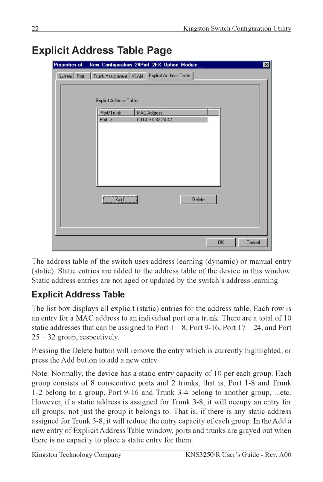 Kingston Technology KNS3250/R, KNS2450/R, KNS1650/R manual Explicit Address Table 