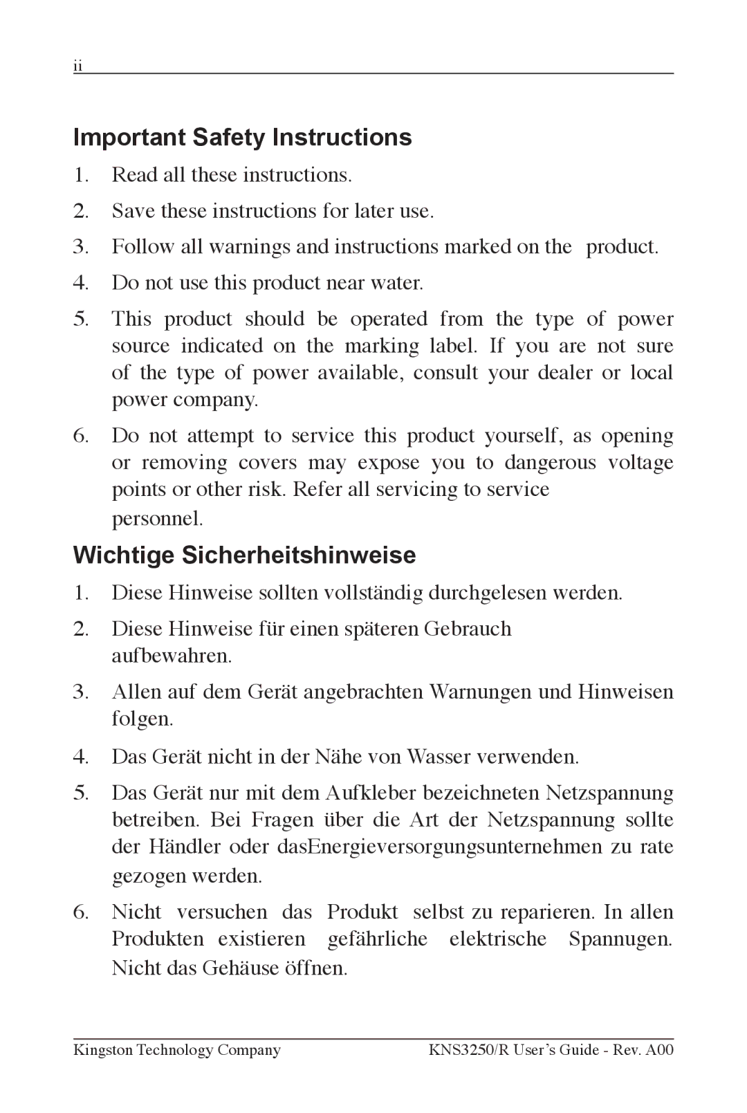 Kingston Technology KNS3250/R, KNS2450/R, KNS1650/R manual Important Safety Instructions, Wichtige Sicherheitshinweise 