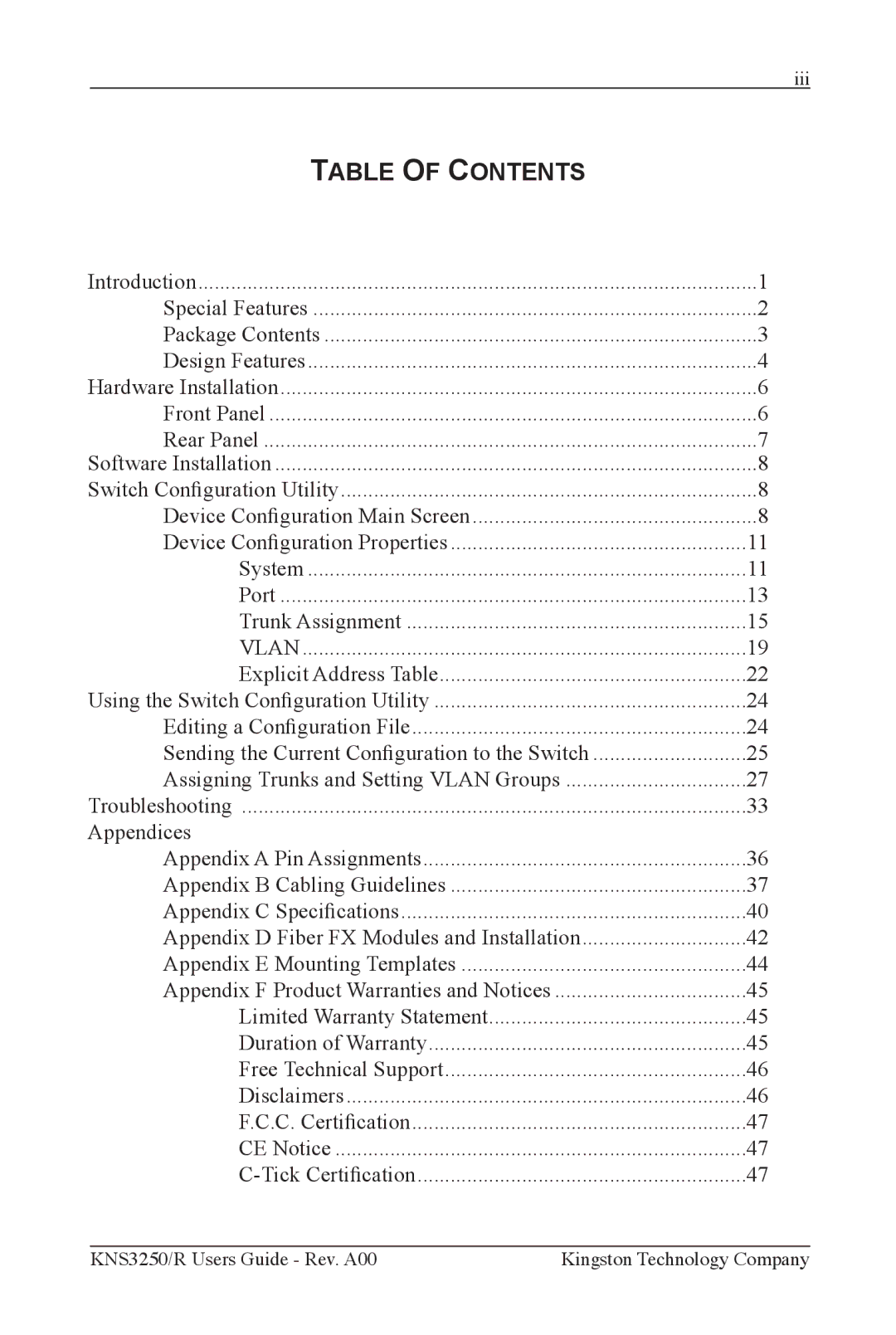 Kingston Technology KNS2450/R, KNS3250/R, KNS1650/R manual Table of Contents 