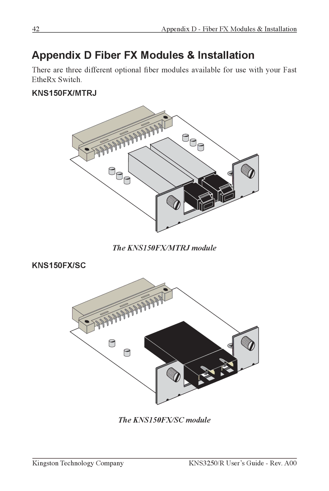 Kingston Technology KNS1650/R, KNS3250/R, KNS2450/R manual Appendix D Fiber FX Modules & Installation, KNS150FX/SC 