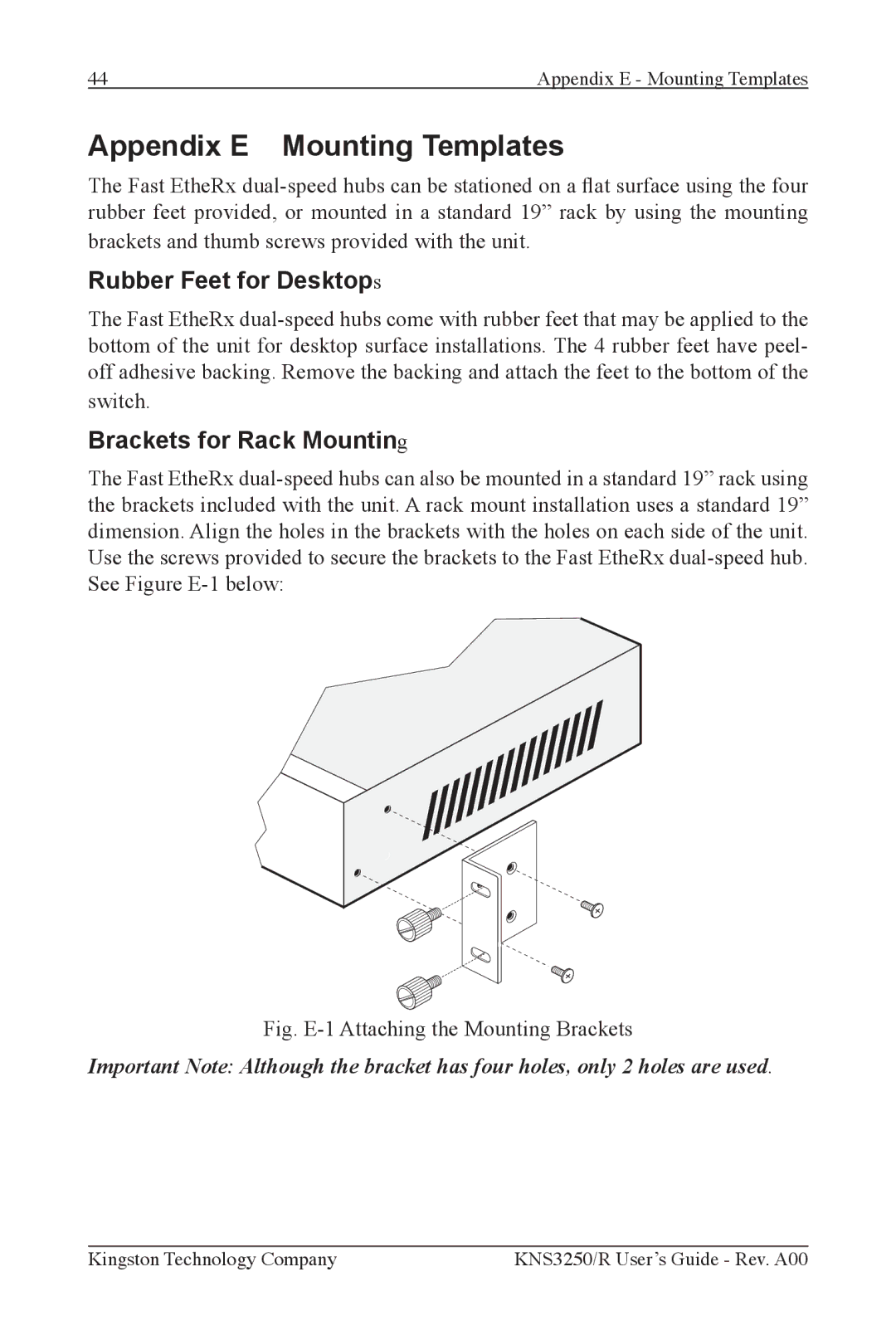 Kingston Technology KNS2450/R manual Appendix E Mounting Templates, Rubber Feet for Desktops, Brackets for Rack Mounting 