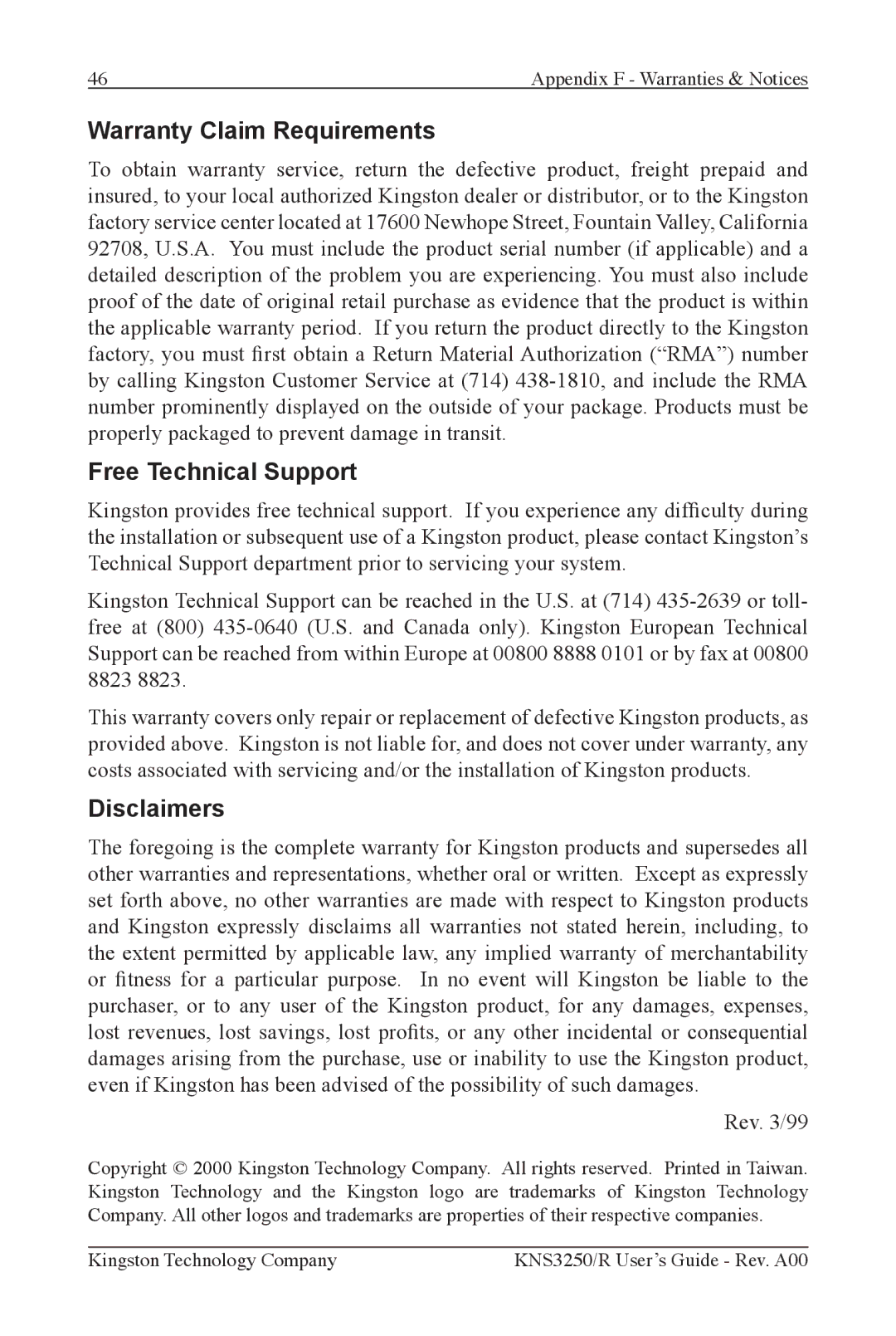 Kingston Technology KNS3250/R, KNS2450/R, KNS1650/R manual Warranty Claim Requirements, Free Technical Support, Disclaimers 