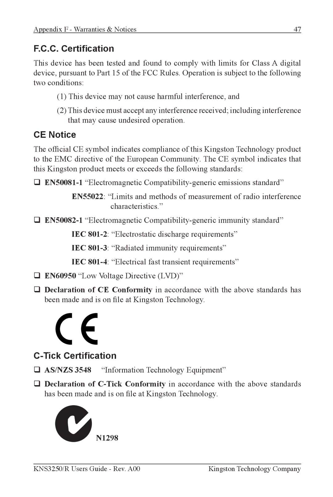 Kingston Technology KNS2450/R, KNS3250/R, KNS1650/R manual C. Certication, CE Notice, Tick Certication 