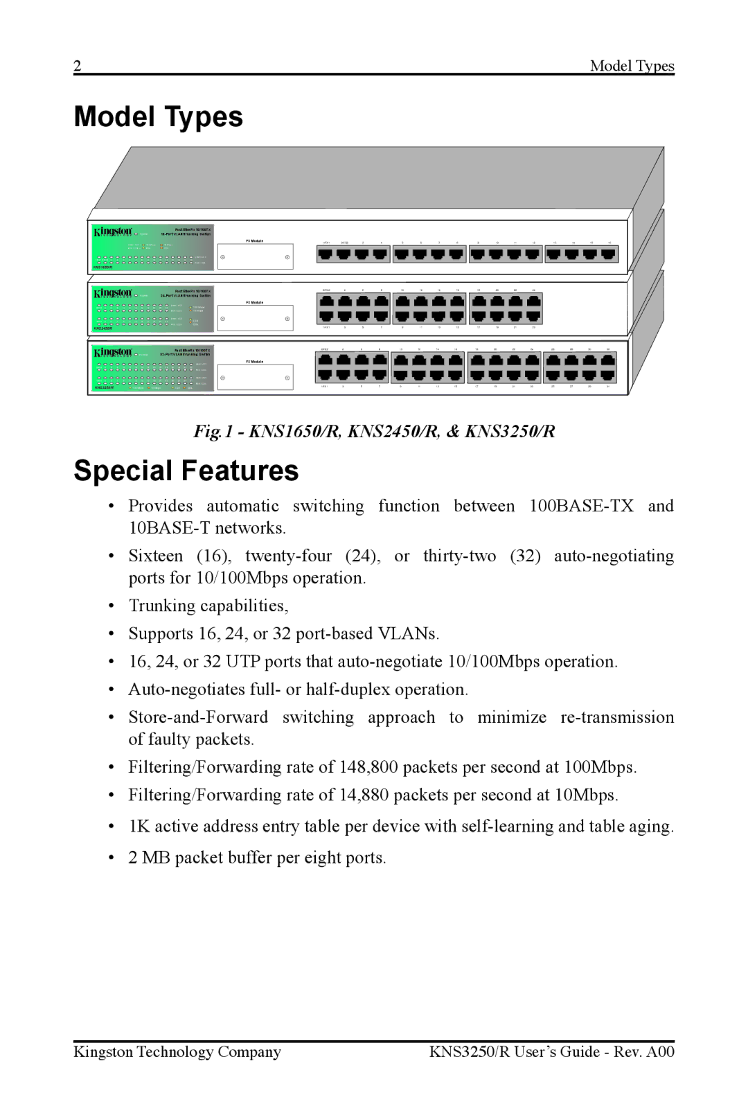 Kingston Technology KNS2450/R, KNS3250/R, KNS1650/R manual Model Types, Special Features 