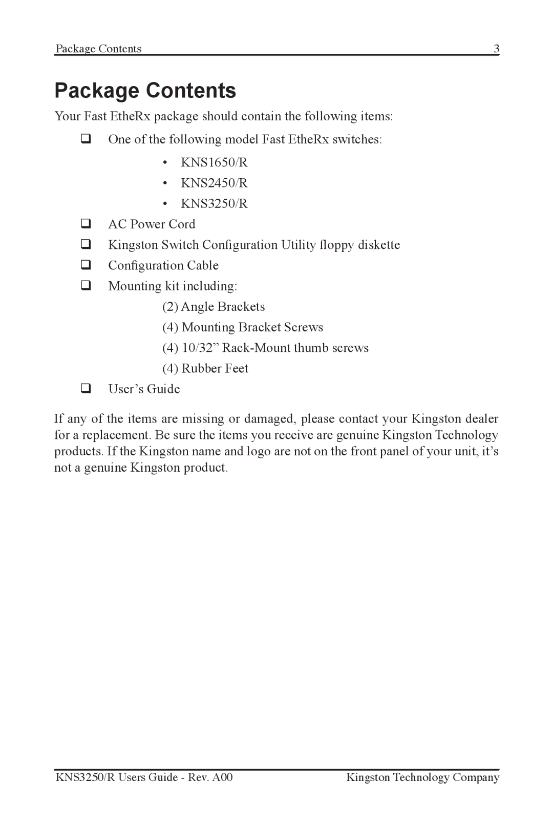 Kingston Technology KNS1650/R, KNS3250/R, KNS2450/R manual Package Contents 