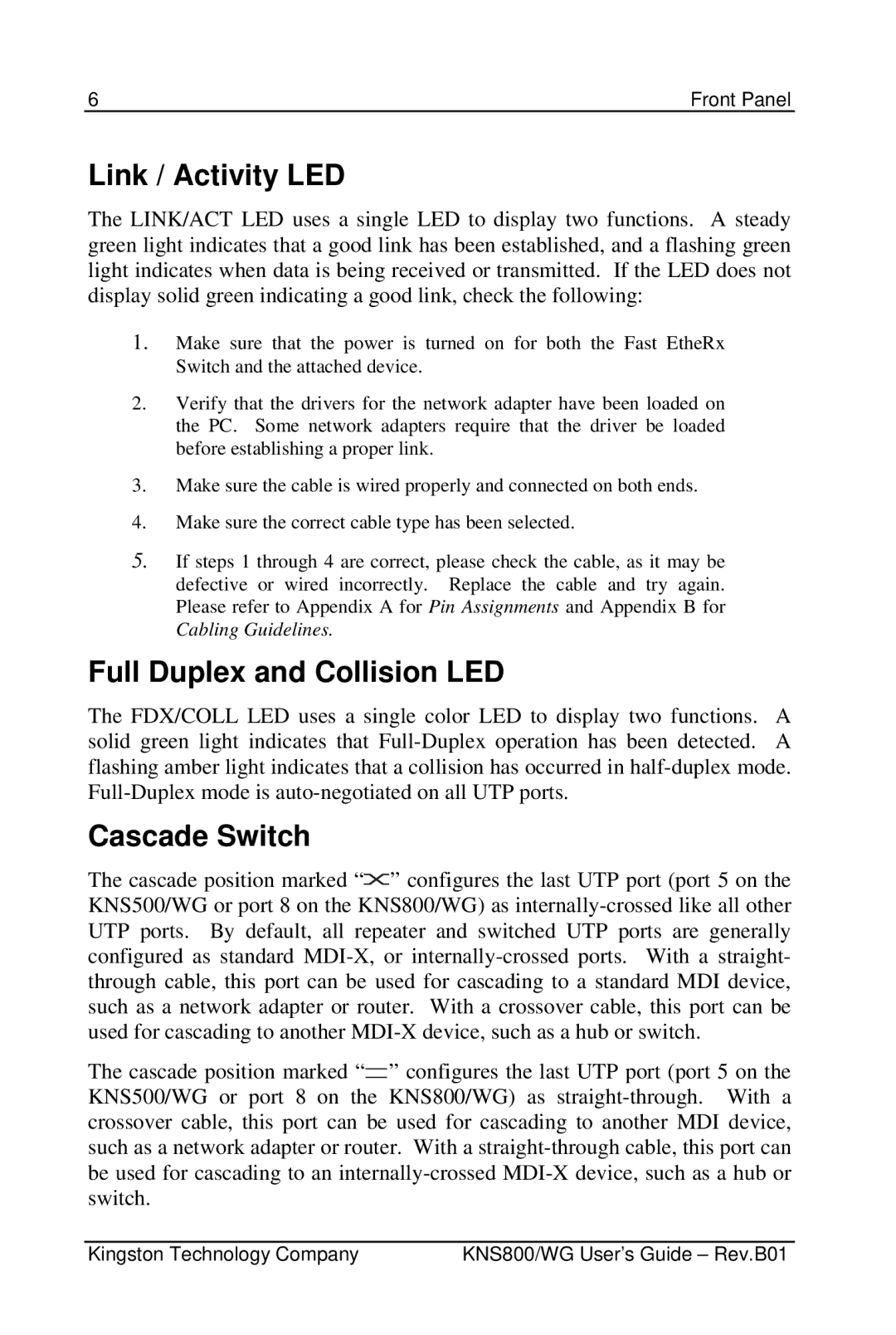 Kingston Technology KNS800/WG, KNS500/WG manual Link / Activity LED, Full Duplex and Collision LED, Cascade Switch 