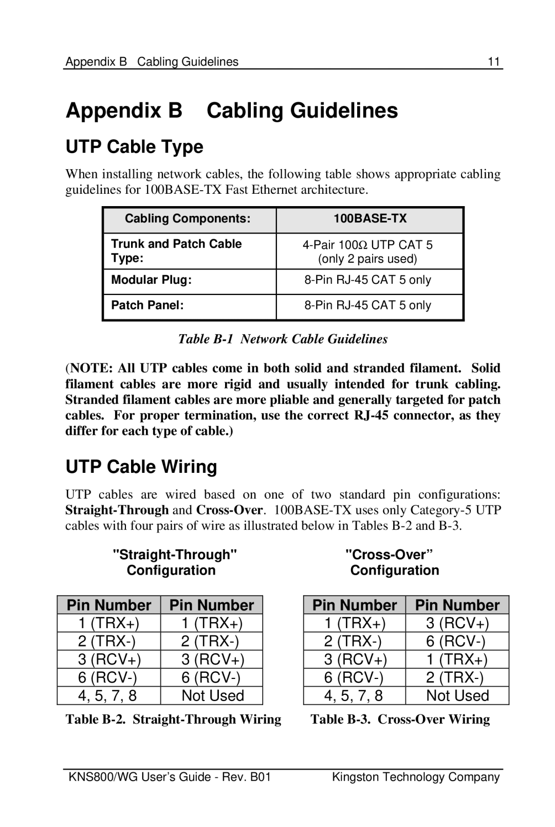 Kingston Technology KNS500/WG, KNS800/WG manual Appendix B Cabling Guidelines, UTP Cable Type, UTP Cable Wiring 