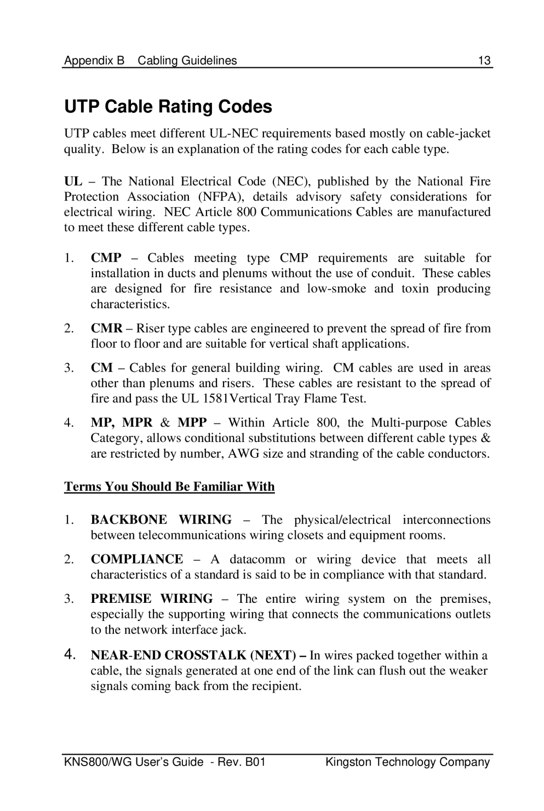 Kingston Technology KNS500/WG, KNS800/WG manual UTP Cable Rating Codes, Terms You Should Be Familiar With 