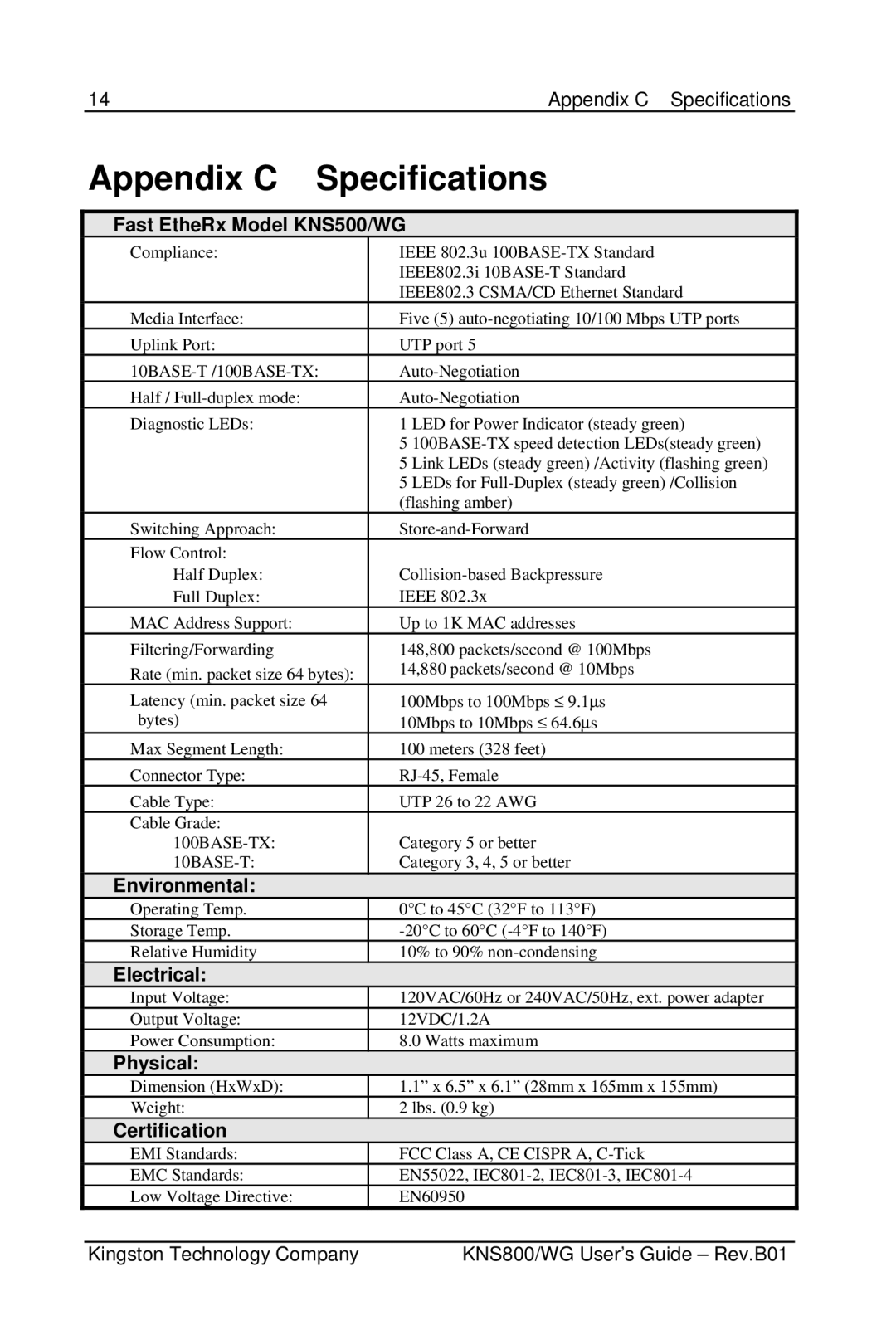 Kingston Technology KNS800/WG, KNS500/WG manual Appendix C, Specifications 