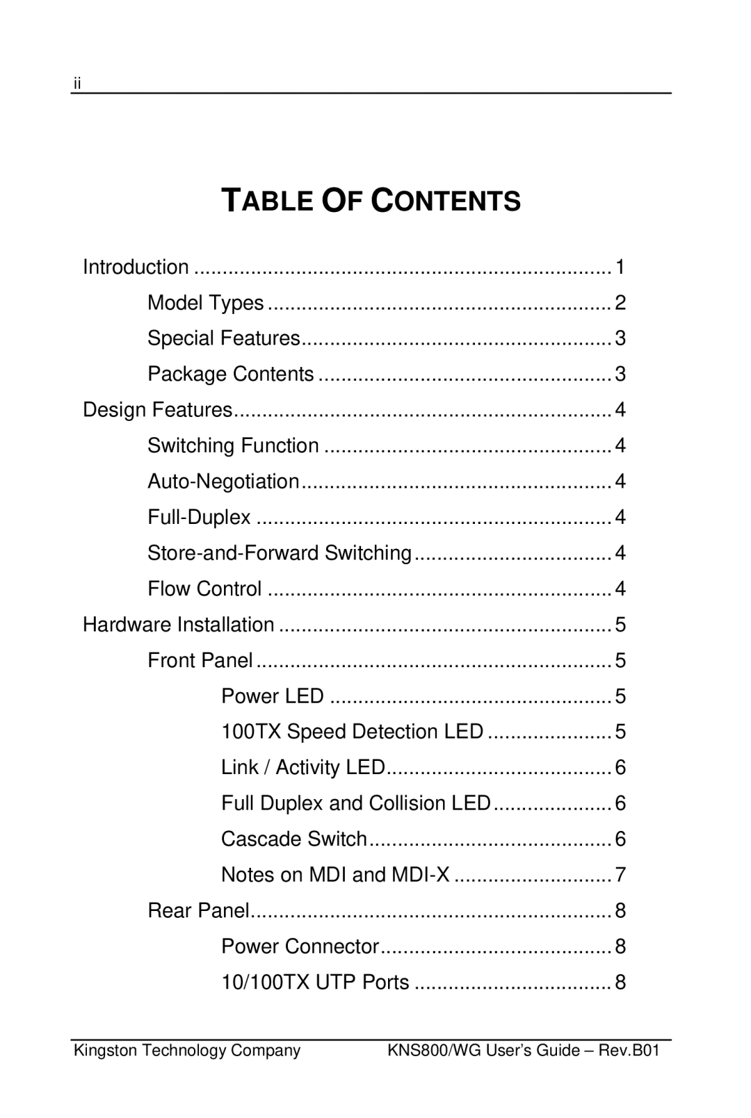 Kingston Technology KNS500/WG, KNS800/WG manual Able Ontents 