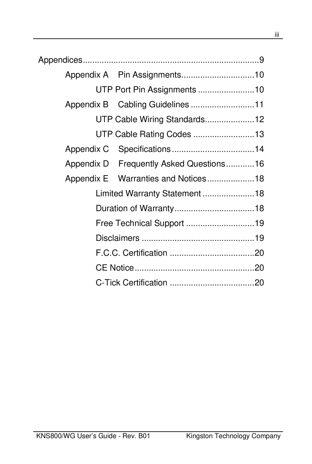 Kingston Technology KNS800/WG, KNS500/WG manual Appendix a 