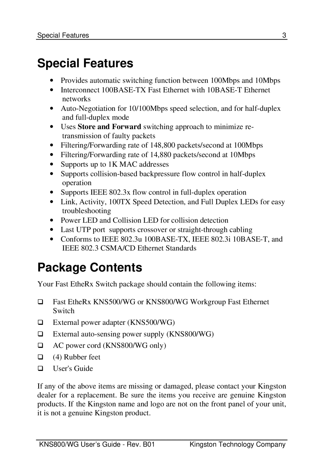 Kingston Technology KNS500/WG, KNS800/WG manual Special Features, Package Contents 