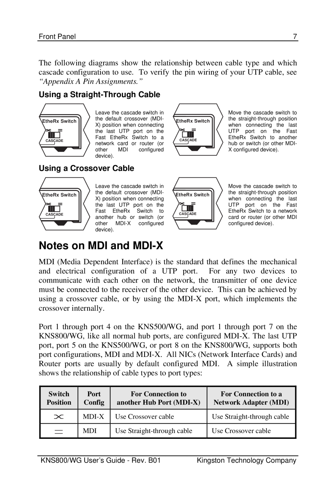 Kingston Technology KNS500/WG, KNS800/WG Notes on MDI and MDI-X, Using a Straight-Through Cable, Using a Crossover Cable 