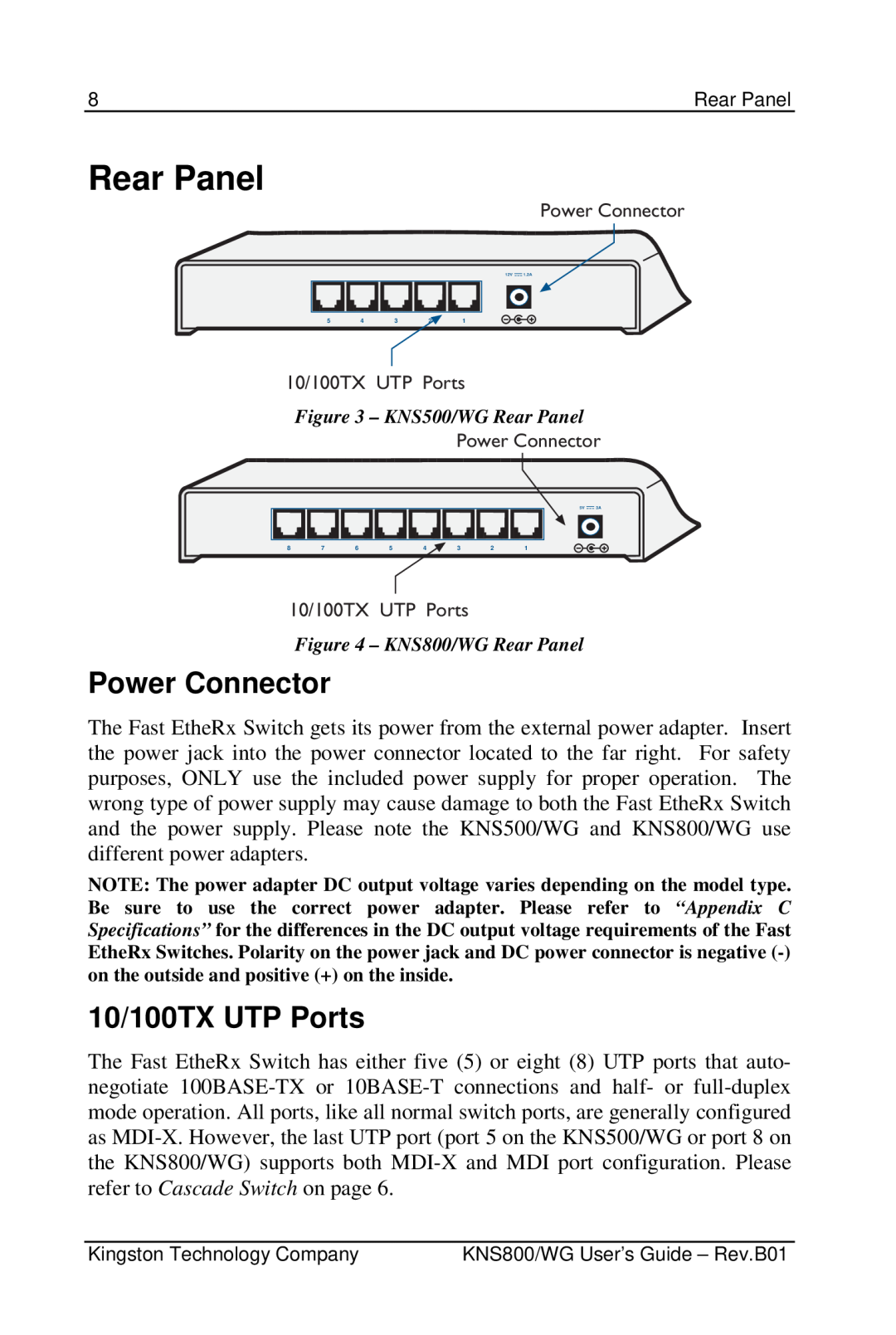 Kingston Technology KNS800/WG, KNS500/WG manual Rear Panel, Power Connector, 10/100TX UTP Ports 