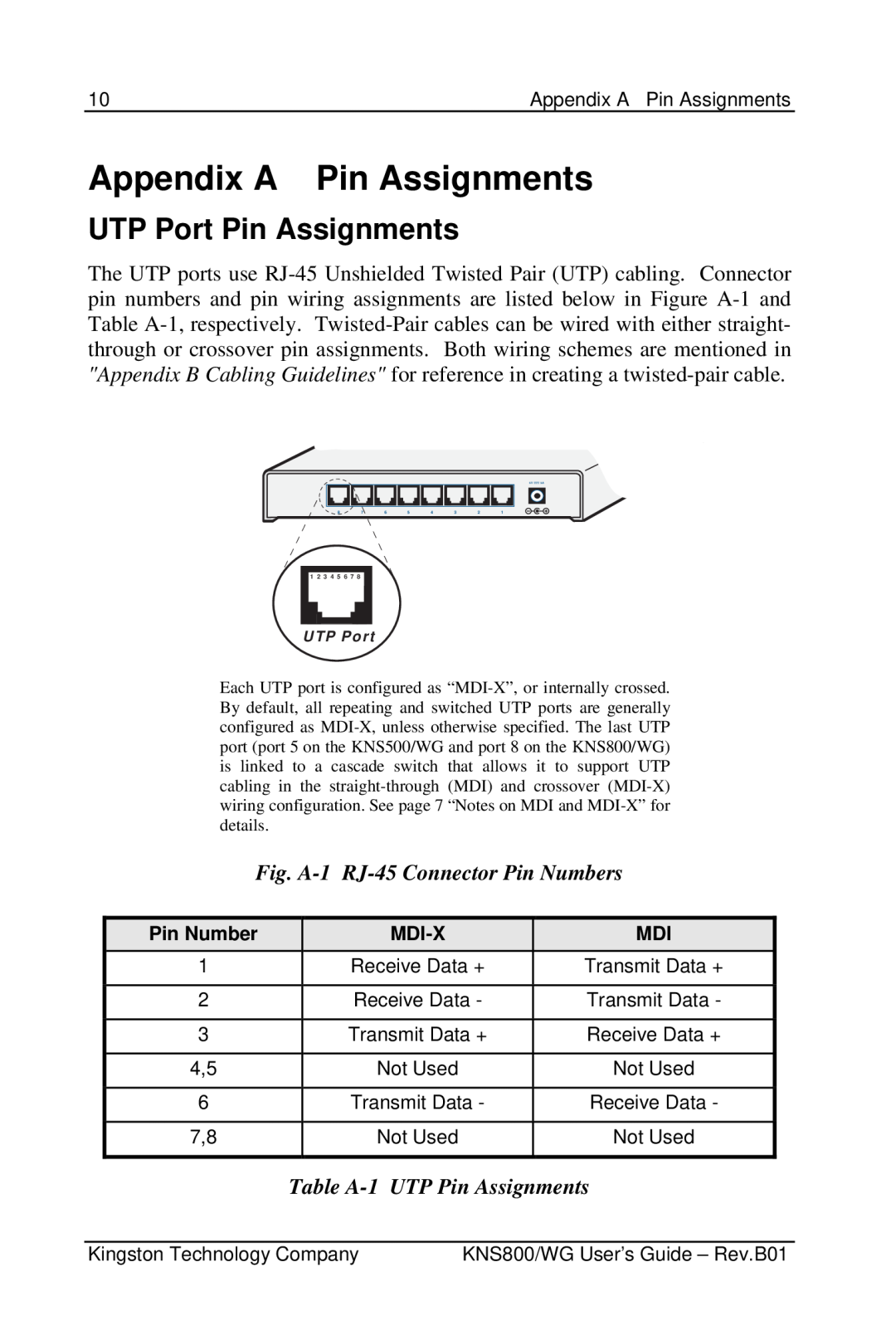 Kingston Technology KNS800/WG Appendix A Pin Assignments, UTP Port Pin Assignments, Fig. A-1 RJ-45 Connector Pin Numbers 