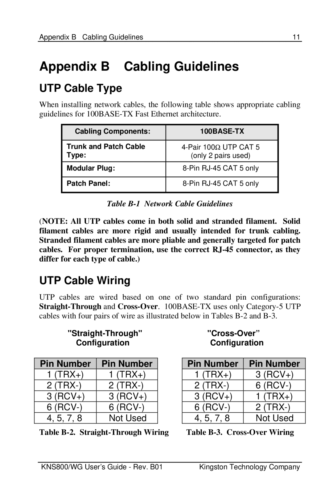 Kingston Technology KNS500/WG, KNS800/WG manual Appendix B Cabling Guidelines, UTP Cable Type, UTP Cable Wiring, Pin Number 