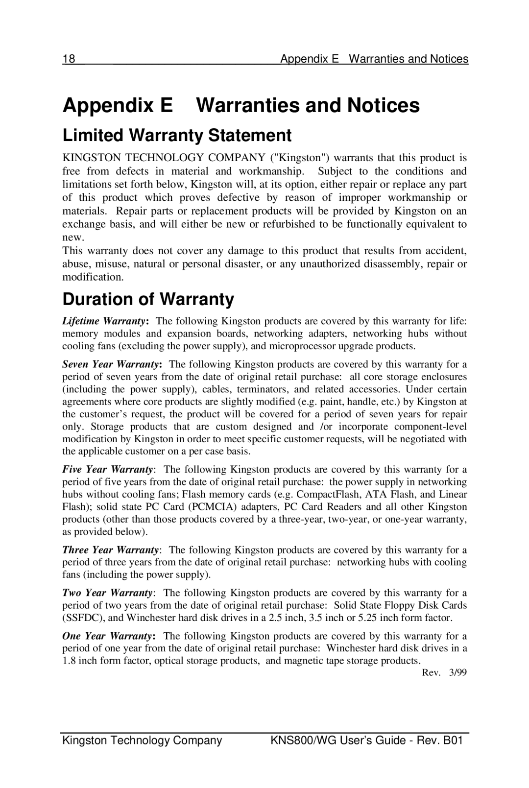 Kingston Technology KNS800/WG manual Appendix E Warranties and Notices, Limited Warranty Statement, Duration of Warranty 
