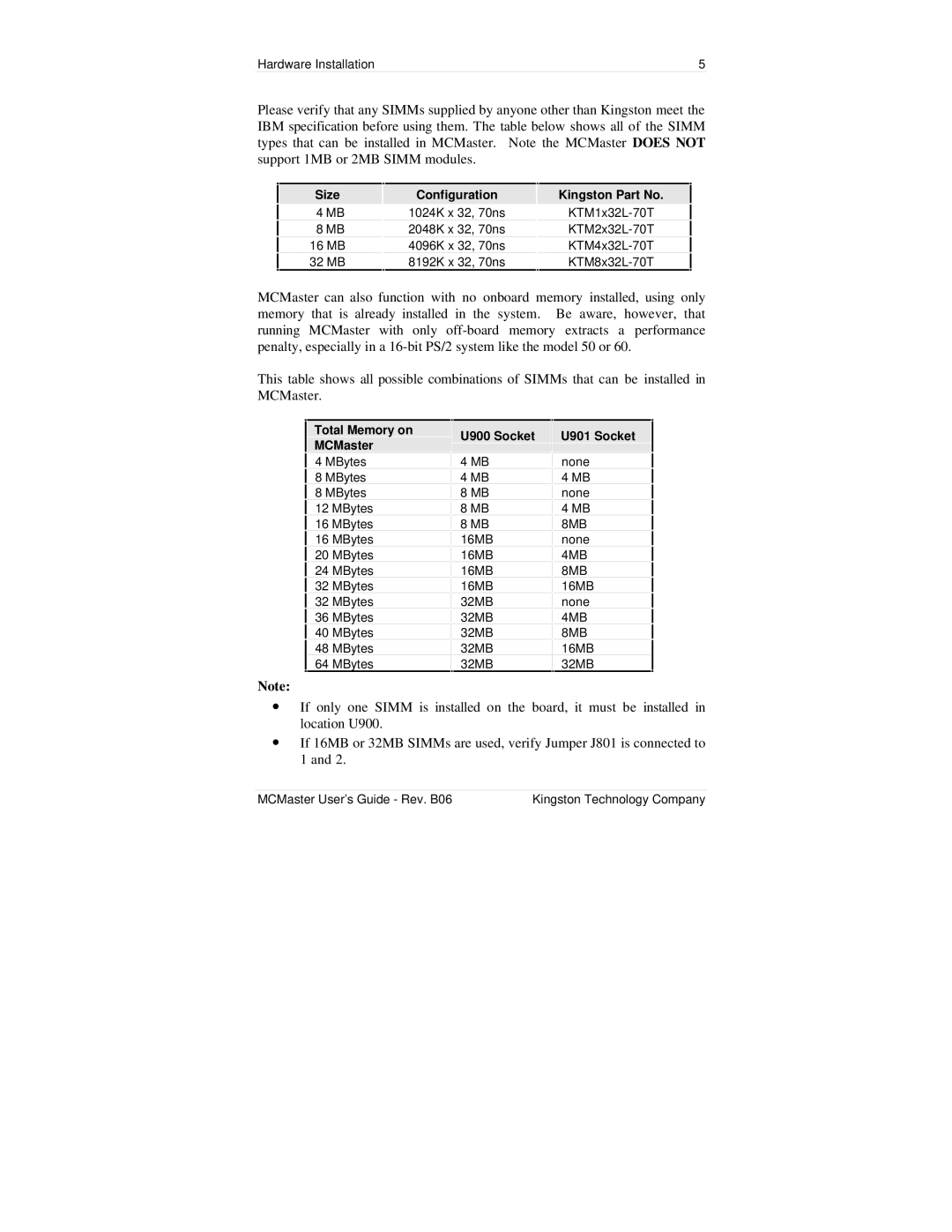 Kingston Technology MC133PD manual Size Configuration Kingston Part No 