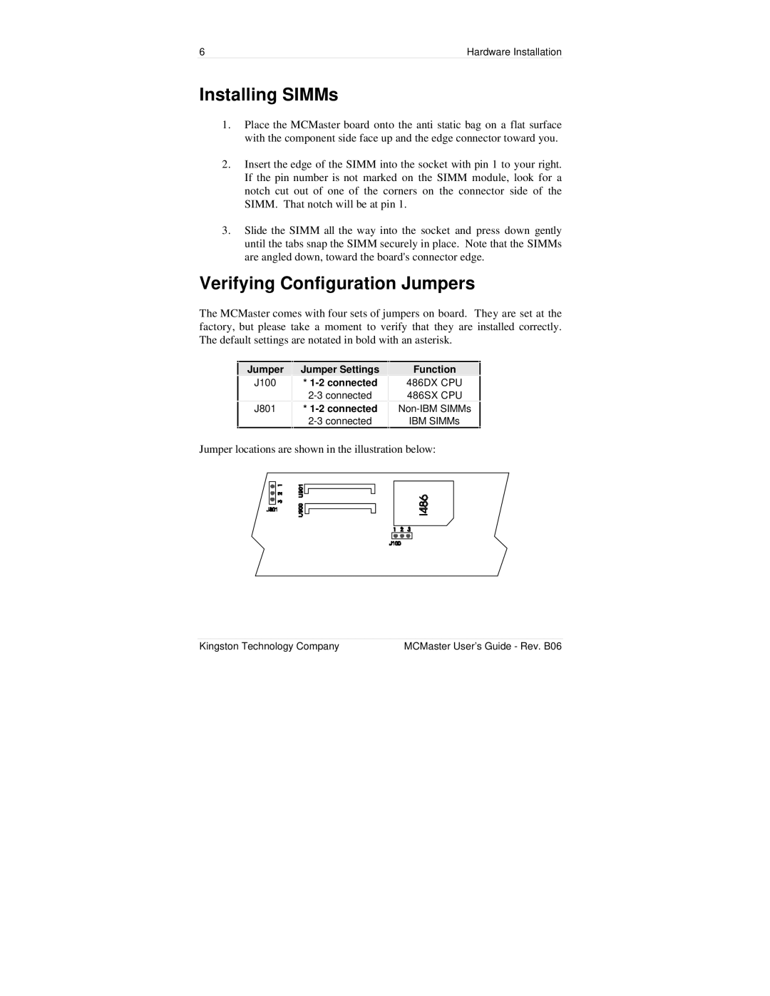 Kingston Technology MC133PD manual Installing SIMMs, Verifying Configuration Jumpers 