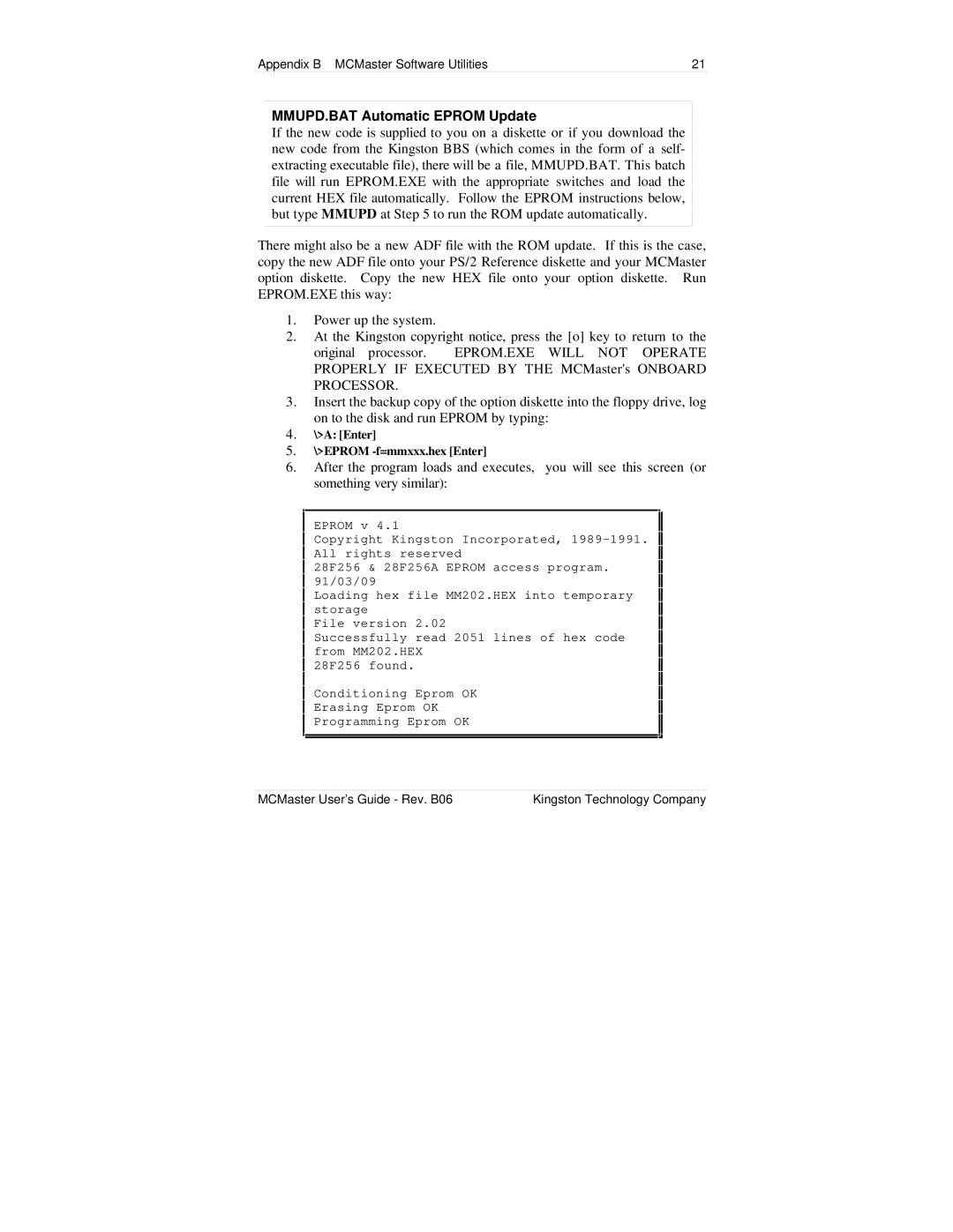 Kingston Technology MC133PD manual MMUPD.BAT Automatic Eprom Update 