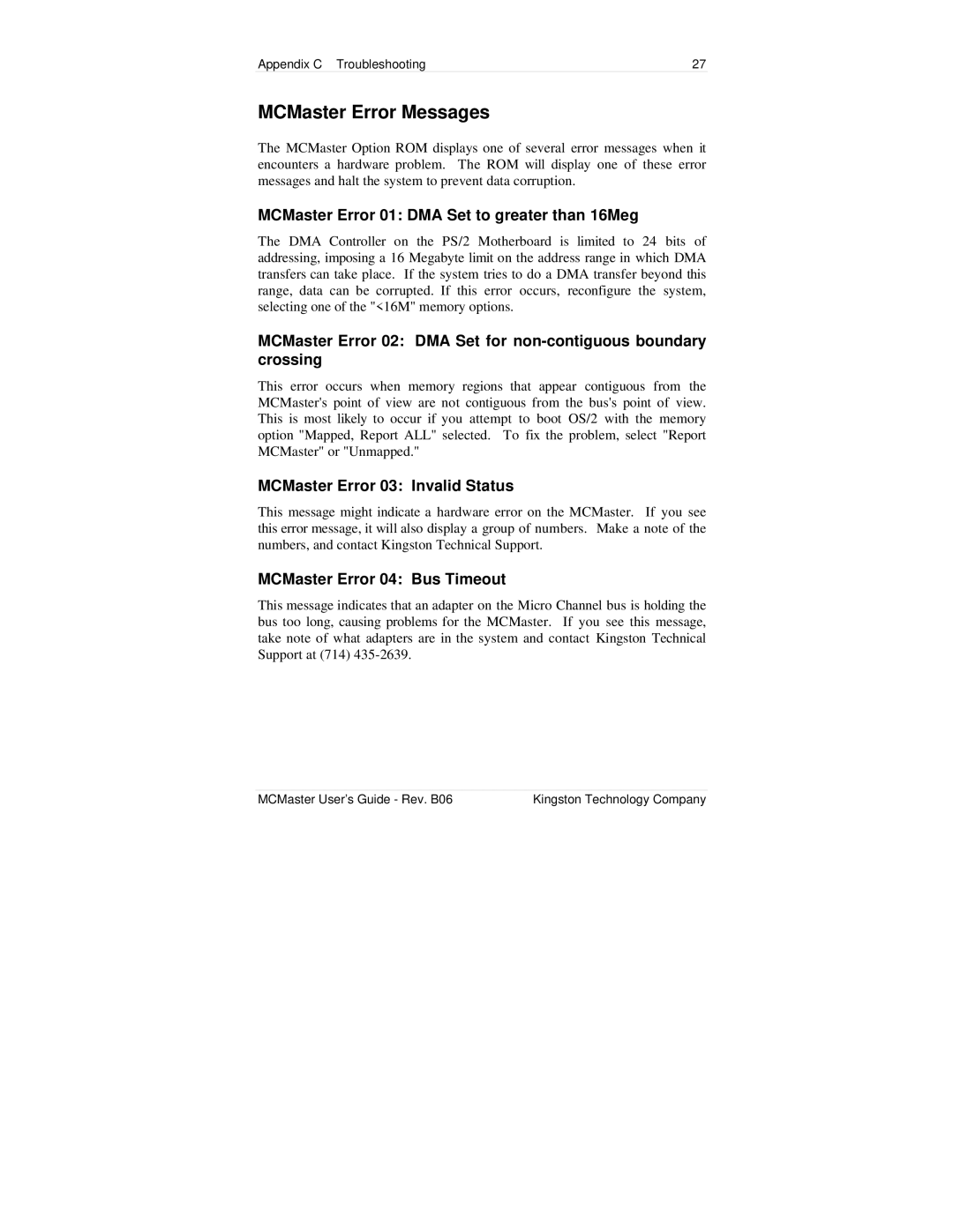 Kingston Technology MC133PD manual MCMaster Error Messages, MCMaster Error 01 DMA Set to greater than 16Meg 