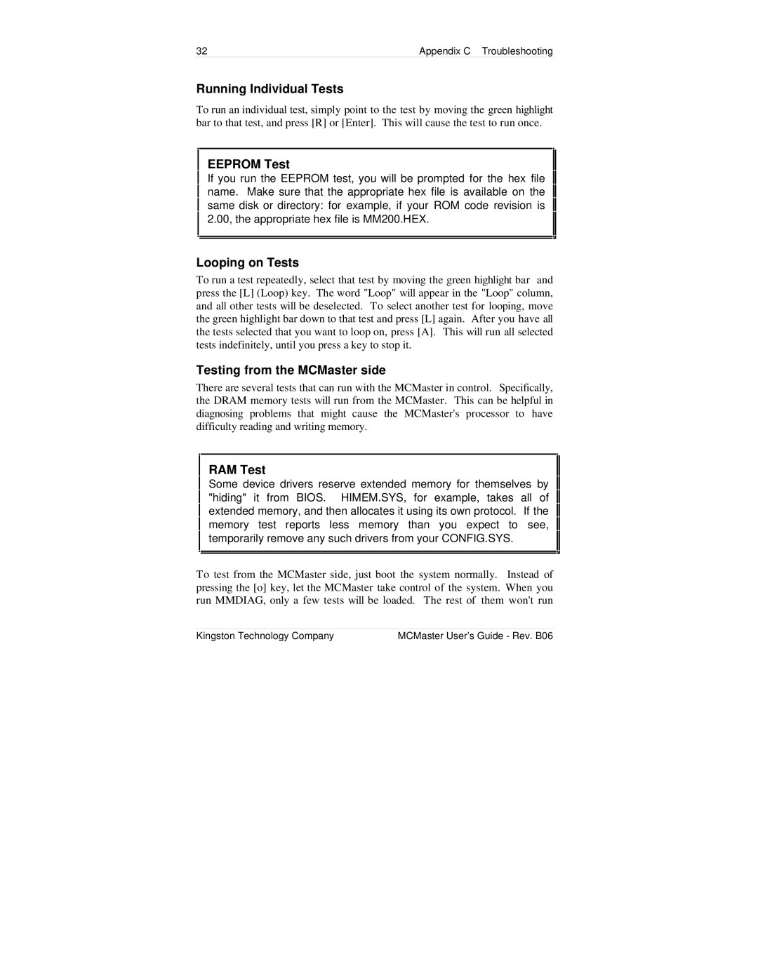 Kingston Technology MC133PD manual Running Individual Tests, Eeprom Test, Looping on Tests, Testing from the MCMaster side 