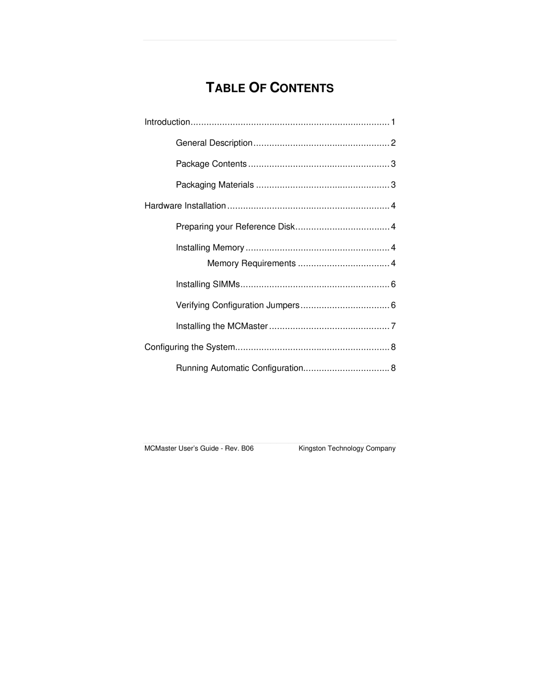 Kingston Technology MC133PD manual Table of Contents 