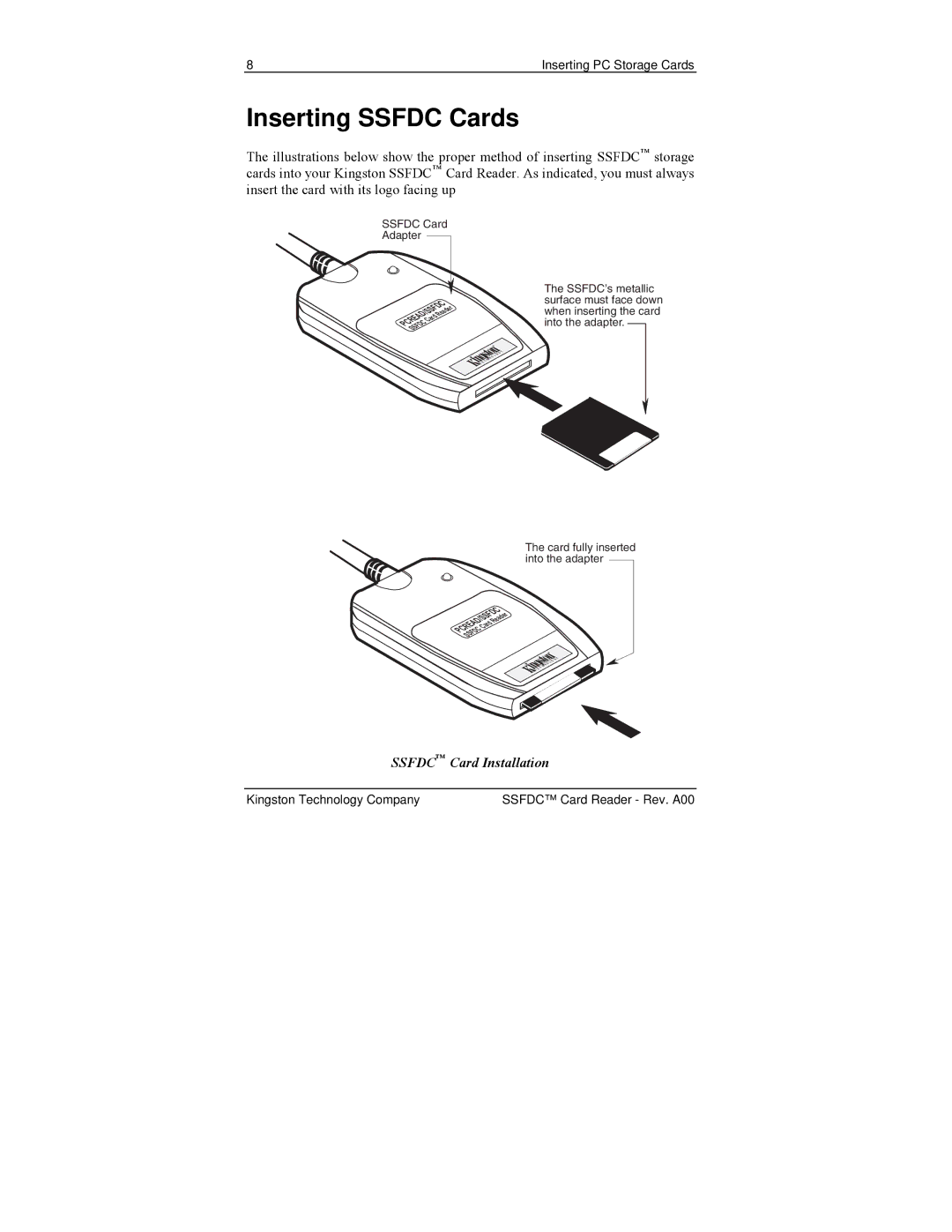 Kingston Technology PCREAD/SSFDC manual Inserting Ssfdc Cards, Ssfdc Card Adapter 