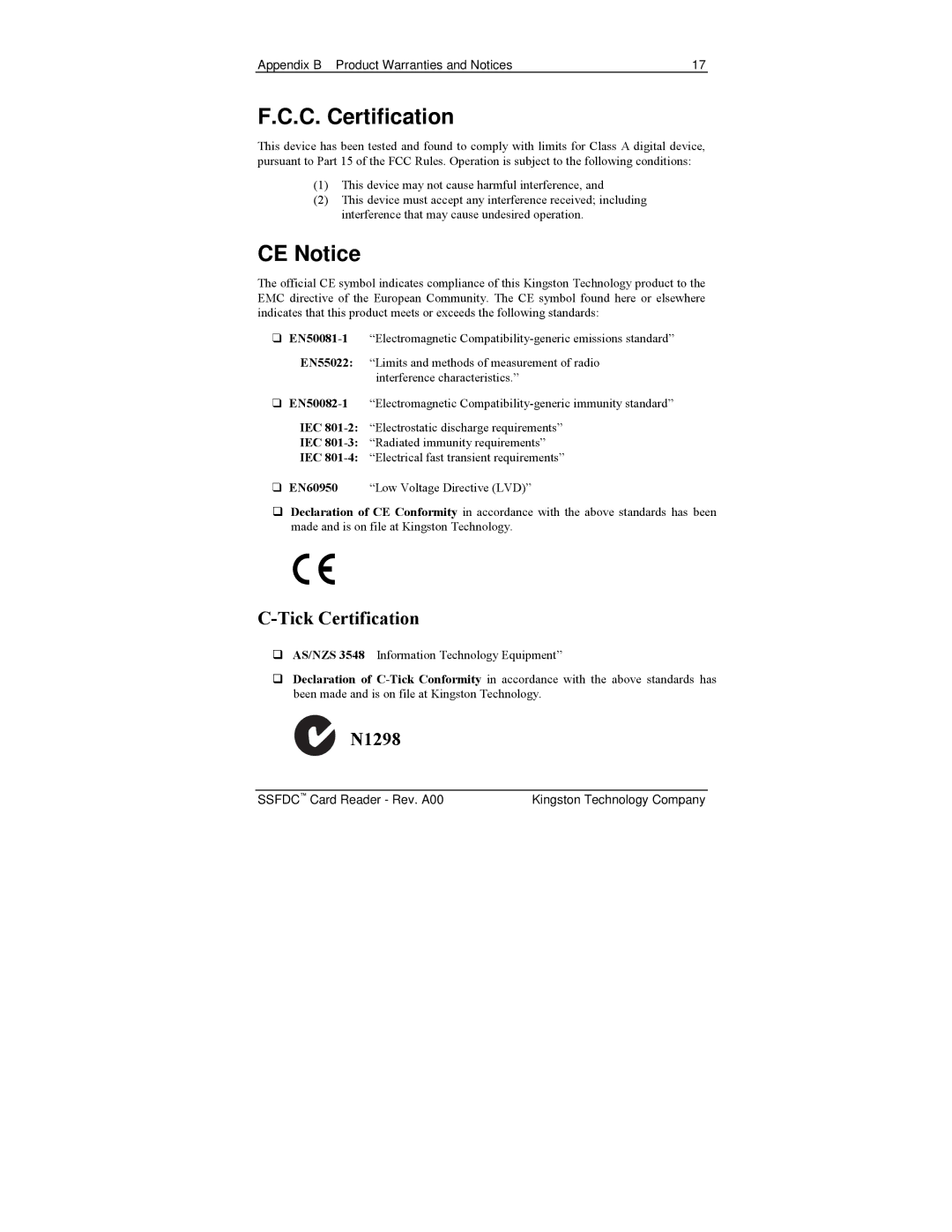 Kingston Technology PCREAD/SSFDC manual C. Certification, CE Notice 