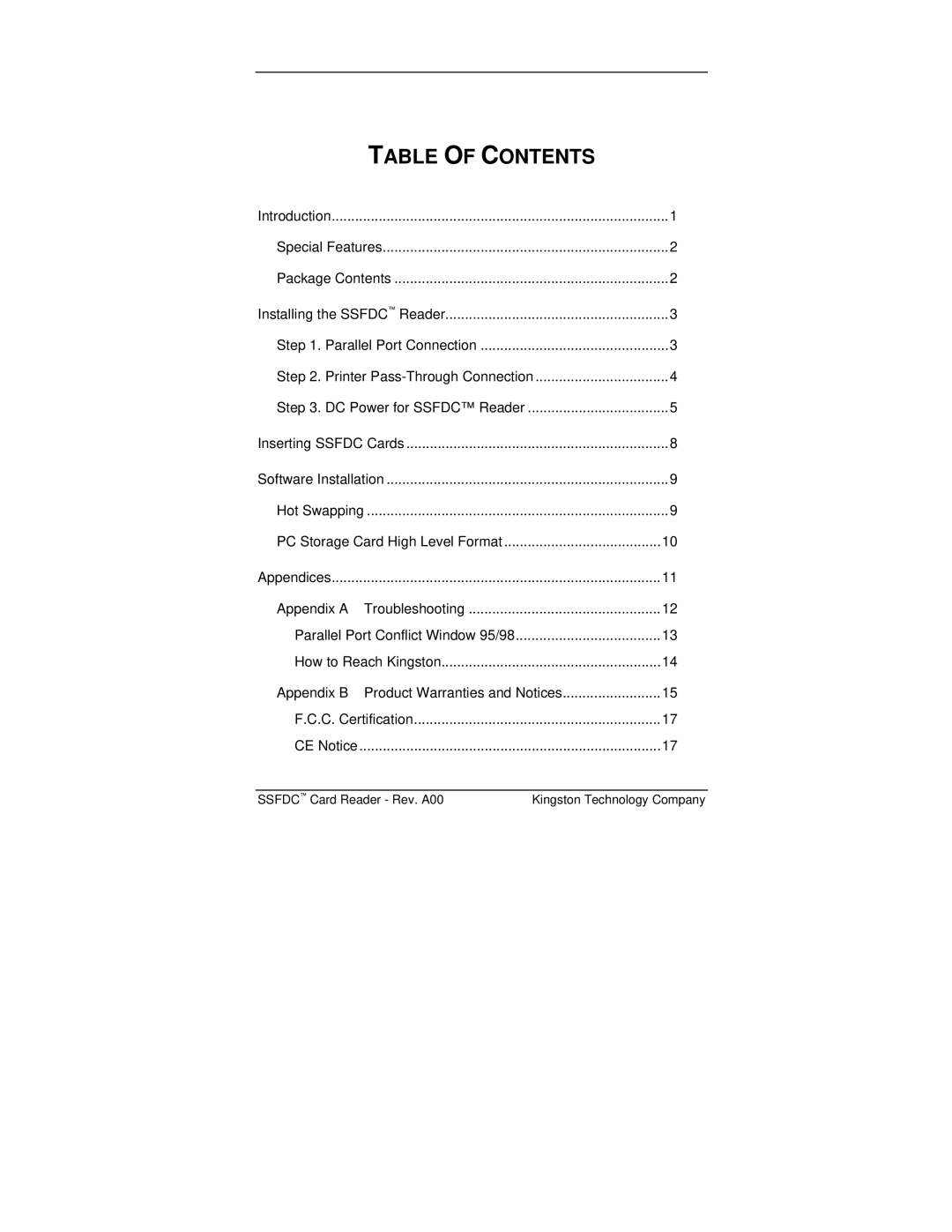 Kingston Technology PCREAD/SSFDC manual Table of Contents 