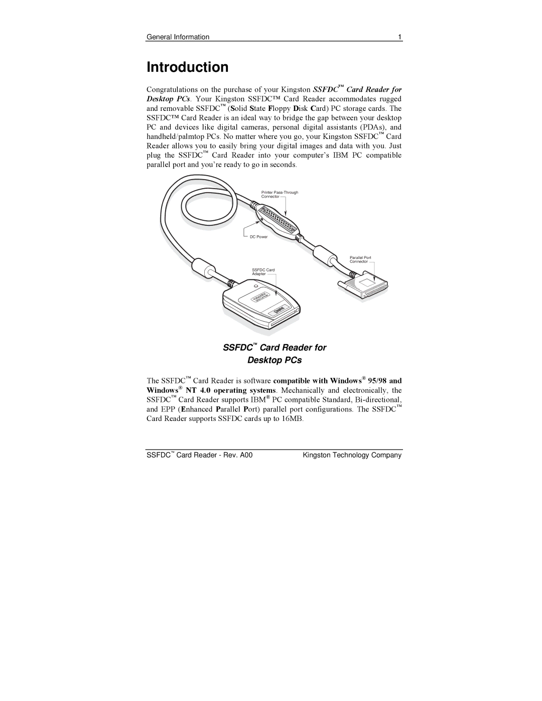 Kingston Technology PCREAD/SSFDC manual Introduction, Ssfdc Card Reader for Desktop PCs 