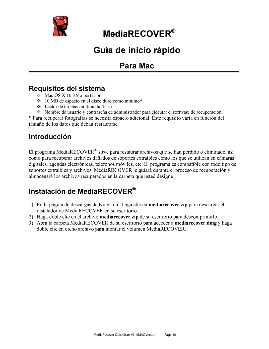 Kingston Technology v2.1 1 quick start MediaRECOVER Guía de inicio rápido, Para Mac, Requisitos del sistema, Introducción 