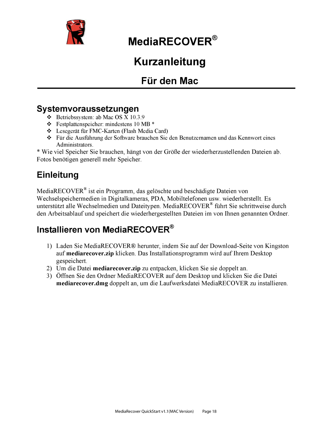 Kingston Technology v2.1 1 quick start MediaRECOVER Kurzanleitung, Für den Mac, Systemvoraussetzungen, Einleitung 