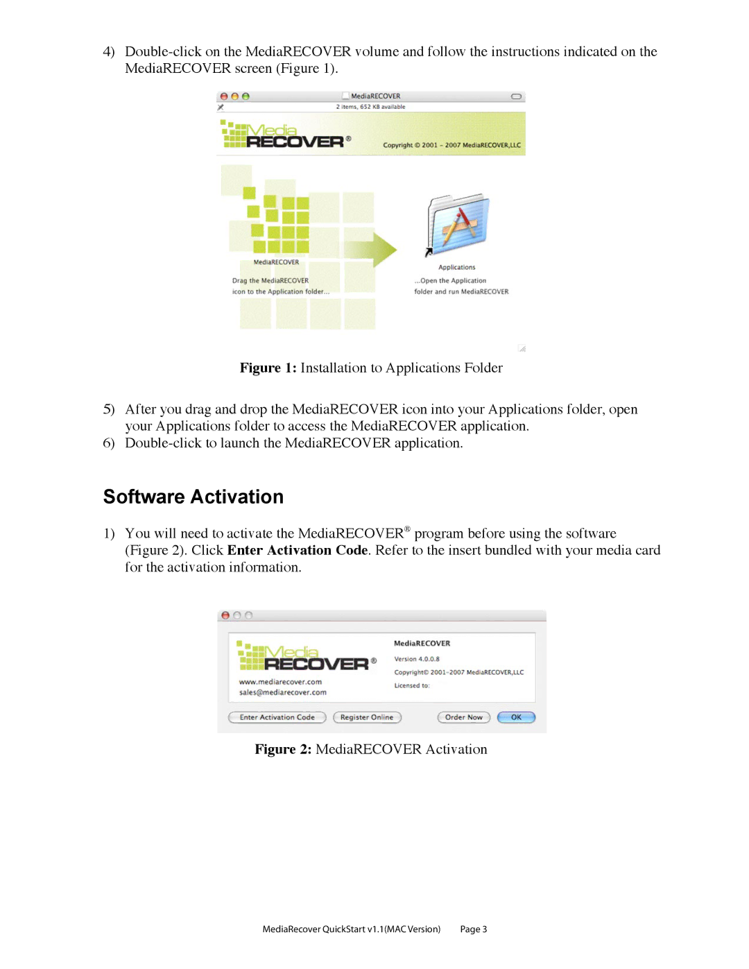 Kingston Technology v2.1 1 quick start Software Activation, MediaRECOVER Activation 