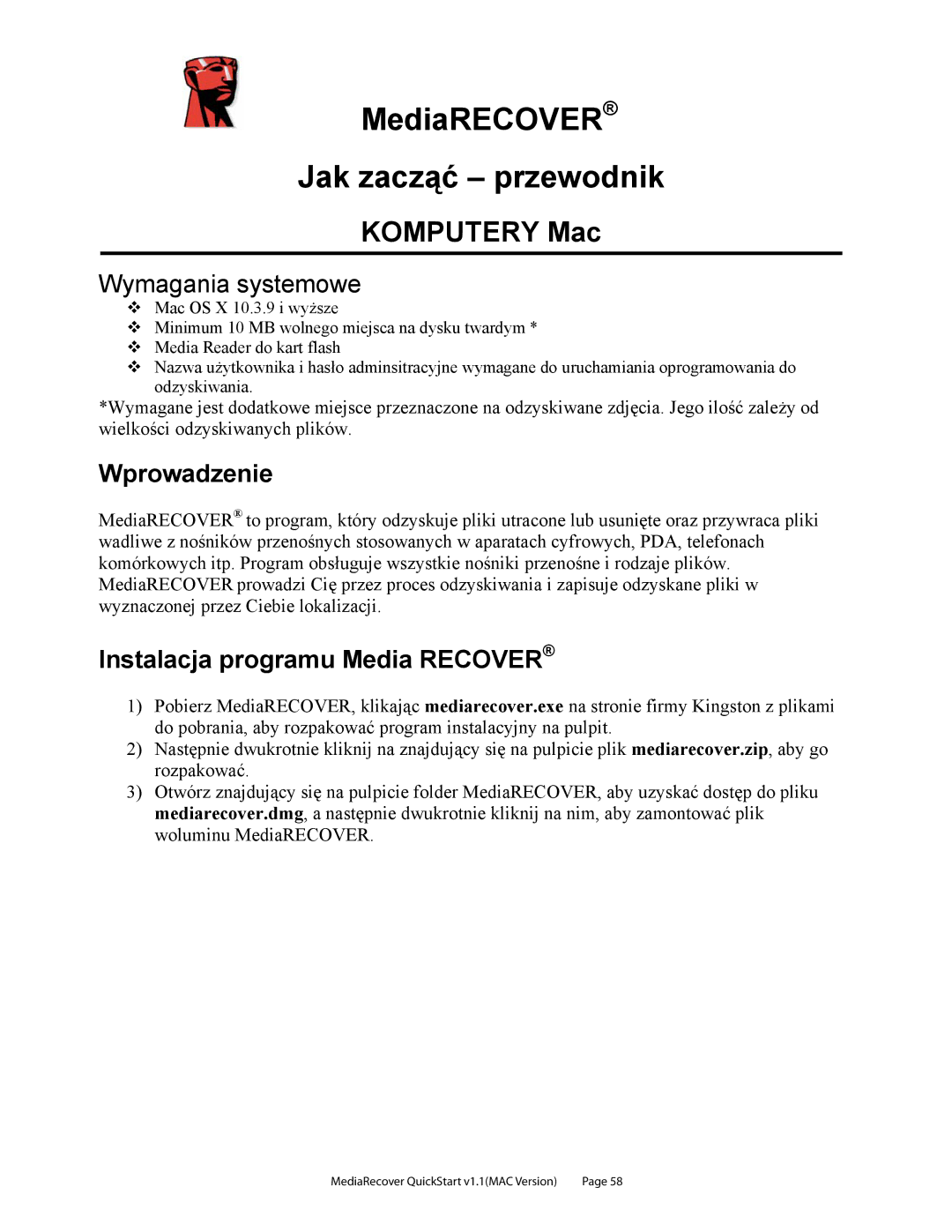 Kingston Technology v2.1 1 quick start MediaRECOVER Jak zacząć przewodnik, Komputery Mac, Wprowadzenie 