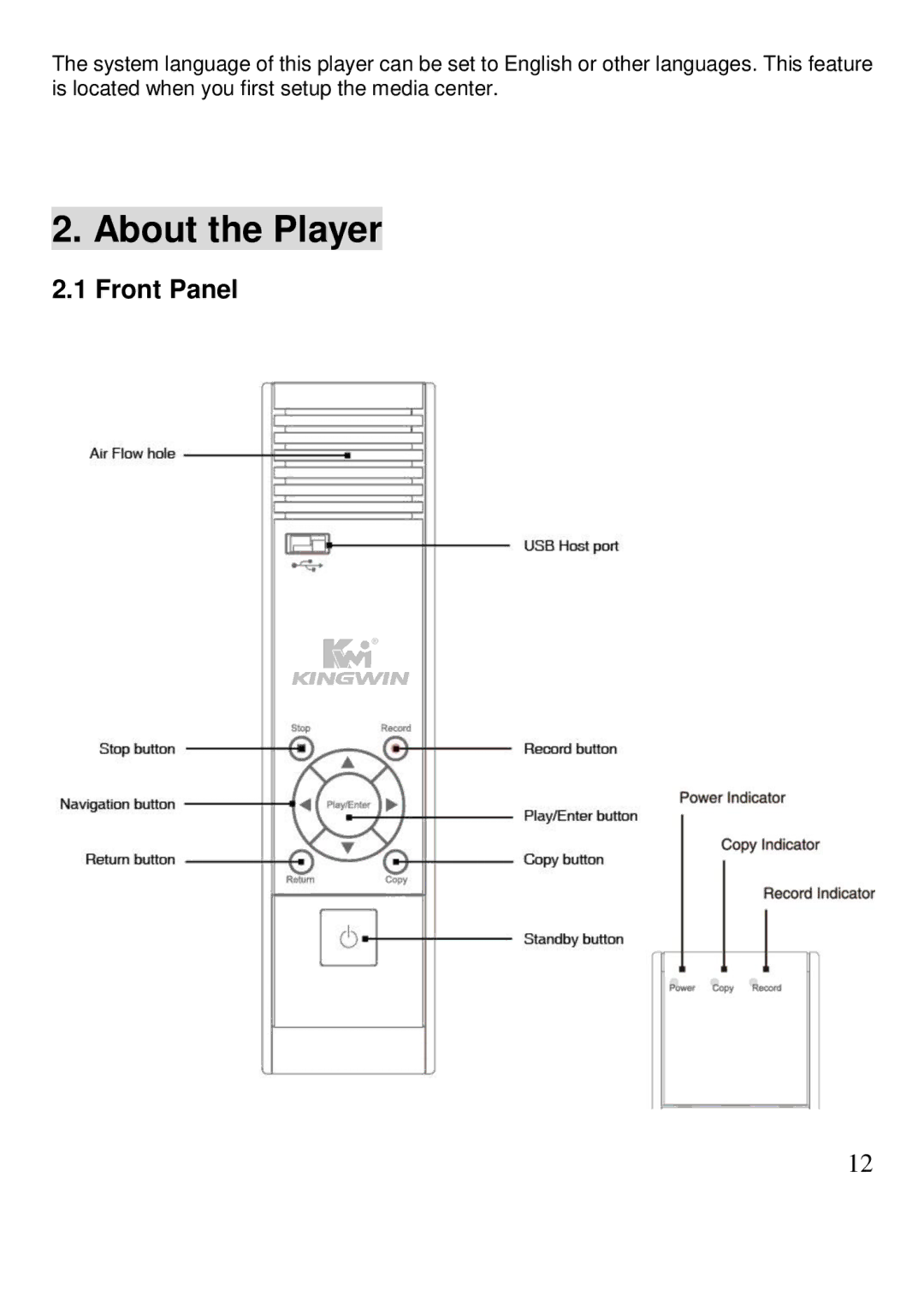 Kingwin KM-31BK manual About the Player, Front Panel 