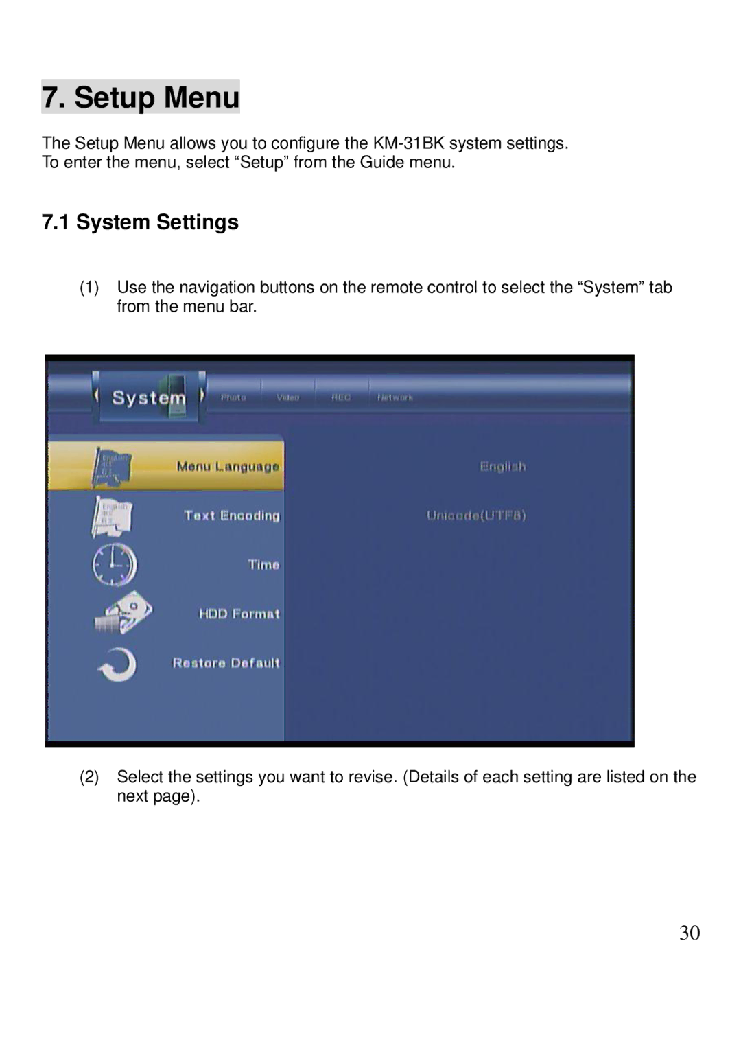 Kingwin KM-31BK manual Setup Menu, System Settings 