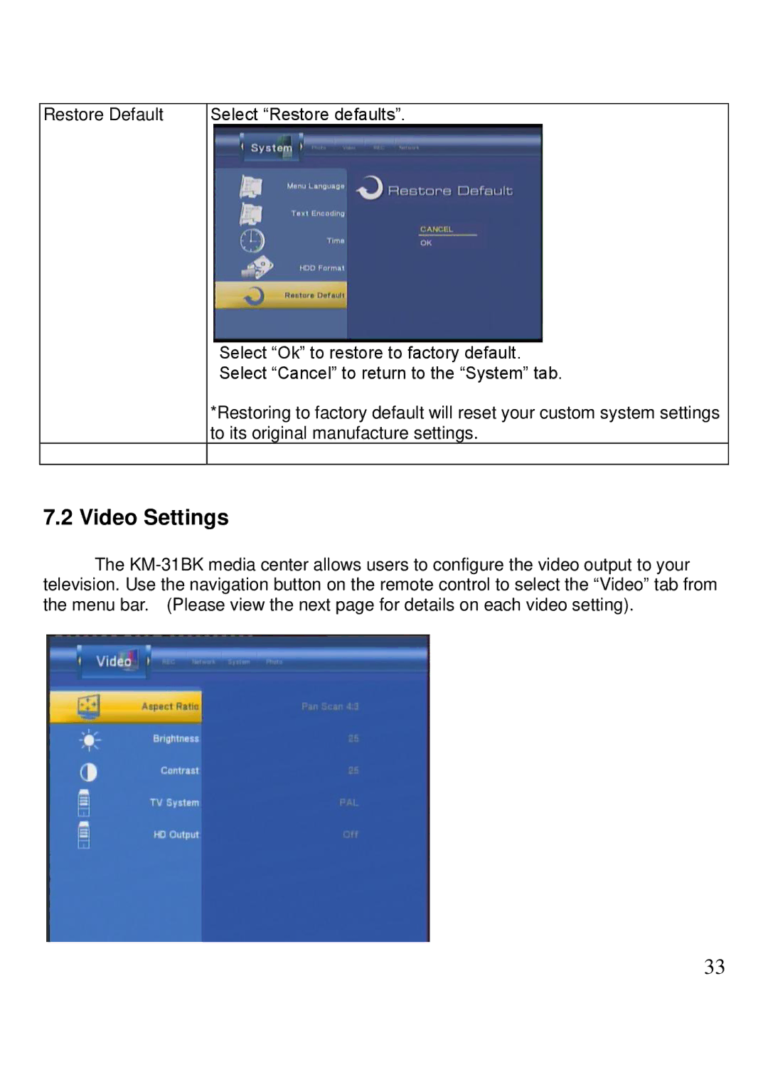 Kingwin KM-31BK manual Video Settings 