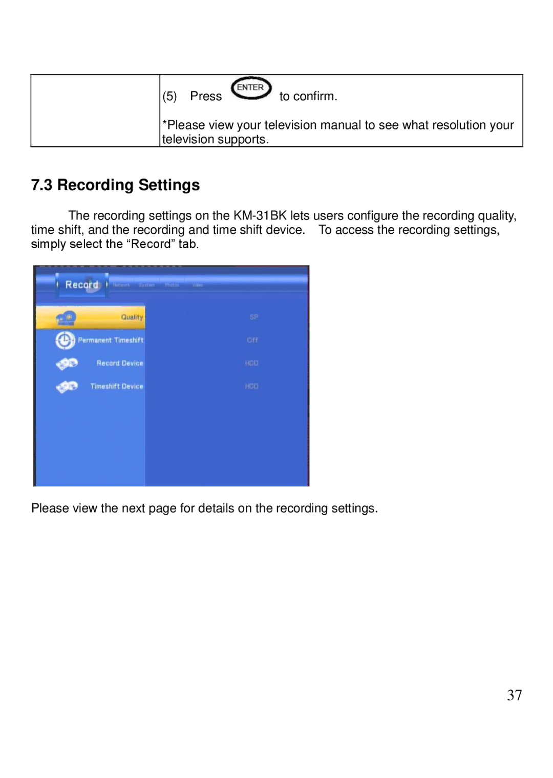 Kingwin KM-31BK manual Recording Settings 