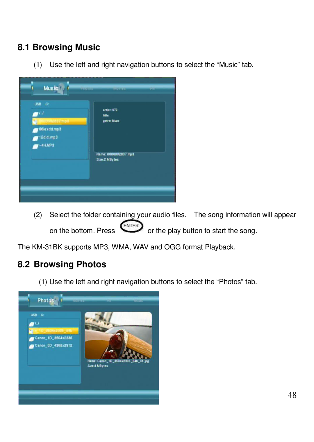 Kingwin KM-31BK manual Browsing Music, Browsing Photos 